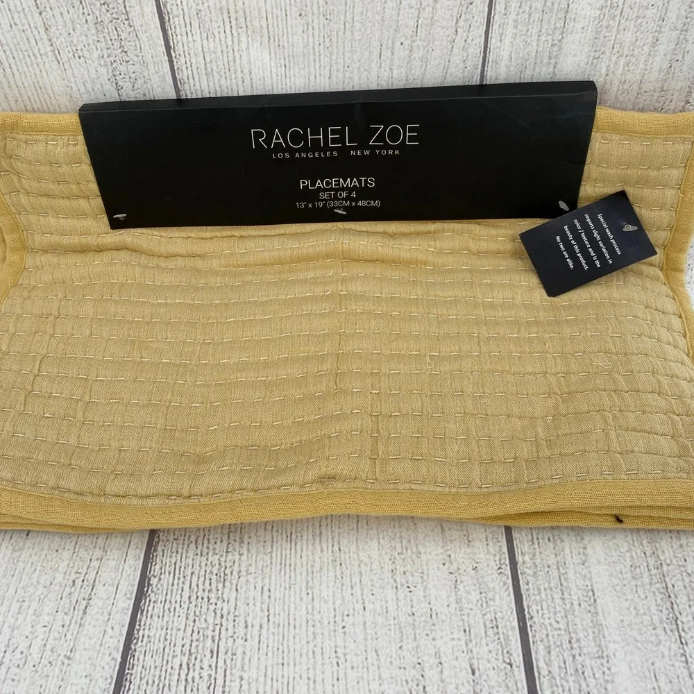 Rachel Zoe Placemats (Set of 4) Yellow Mustard Stitched Boho Home Decor Earthy